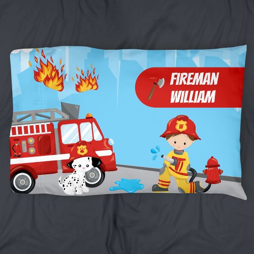 Little Boys Cartoon Fireman with First Name Pillow Case