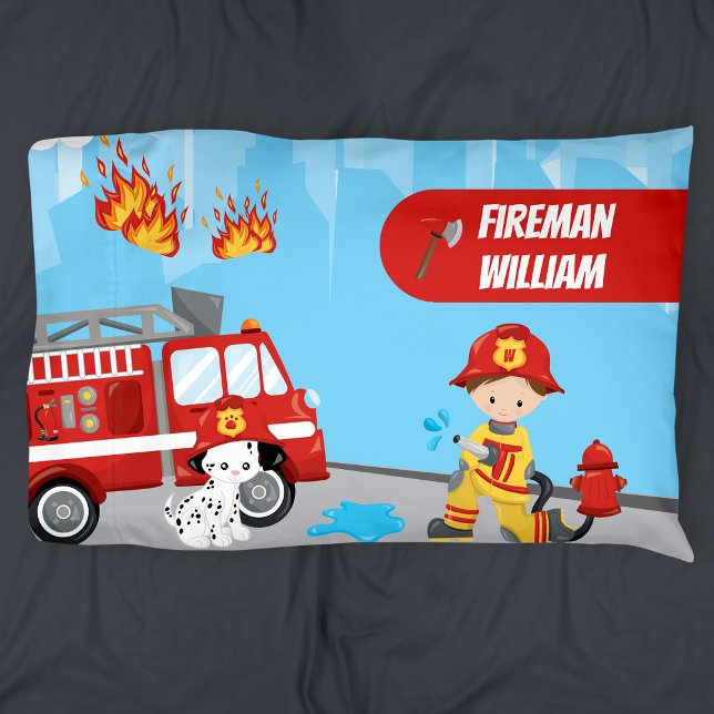 Little Boy's Cartoon Fireman with First Name Pillow Case (Creator Uploaded)