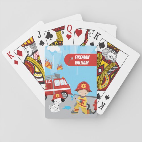 Little Boys Cartoon Fireman with First Name Playing Cards
