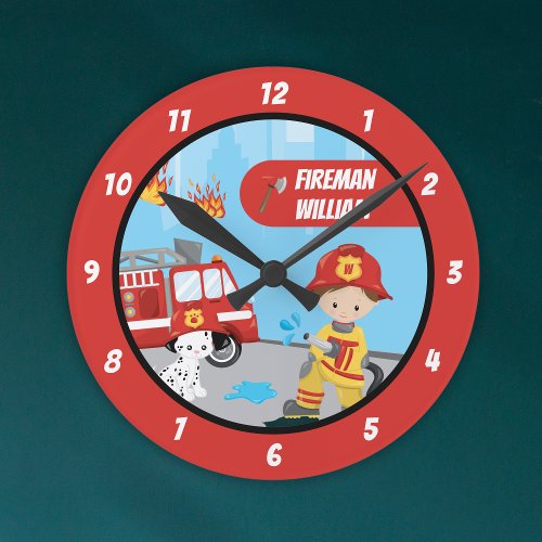 Little Boys Cartoon Fireman with First Name Red Round Clock