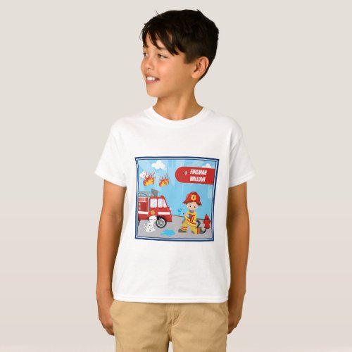 Little Boys Cartoon Fireman with First Name T_Shirt