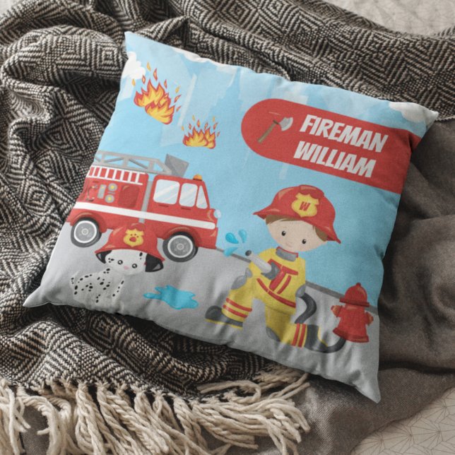 Little Boy's Cartoon Fireman with First Name Throw Pillow (Creator Uploaded)