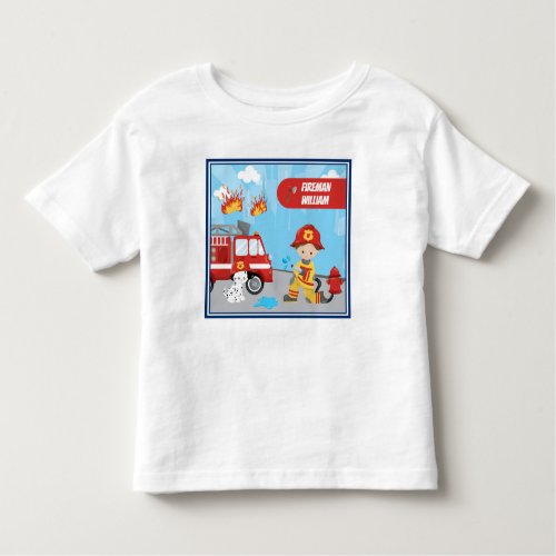 Little Boys Cartoon Fireman with First Name Toddler T_shirt