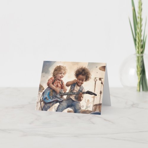 Little Boys Guitar Watercolor Illustration Blank  Card