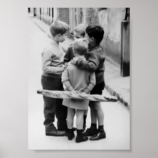 Little Boys Meeting, Black and White Vintage Art Poster