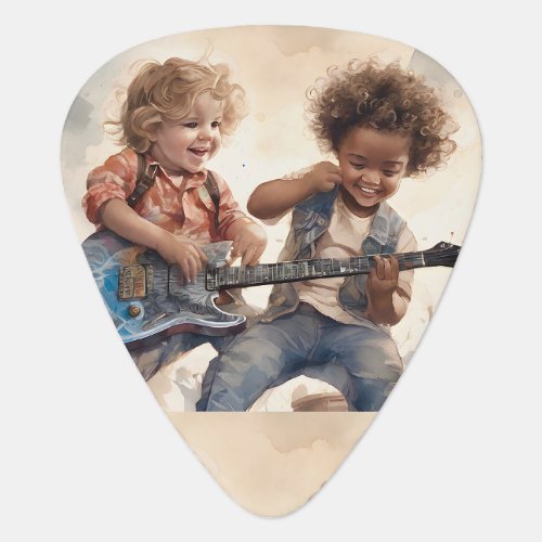 Little Boys Playing Guitar Watercolor Illustration Guitar Pick