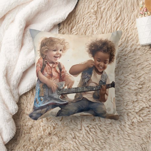 Little Boys Playing Guitar Watercolor Illustration Throw Pillow