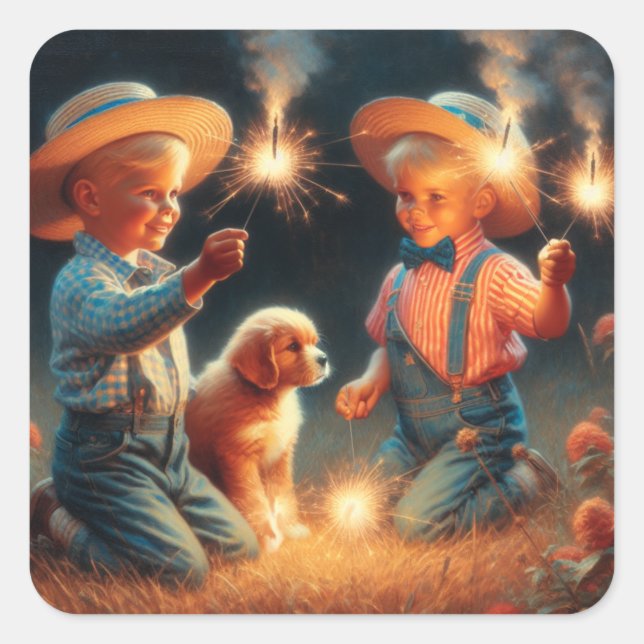 Little Boys Playing with Firework Fourth of July Square Sticker (Front)