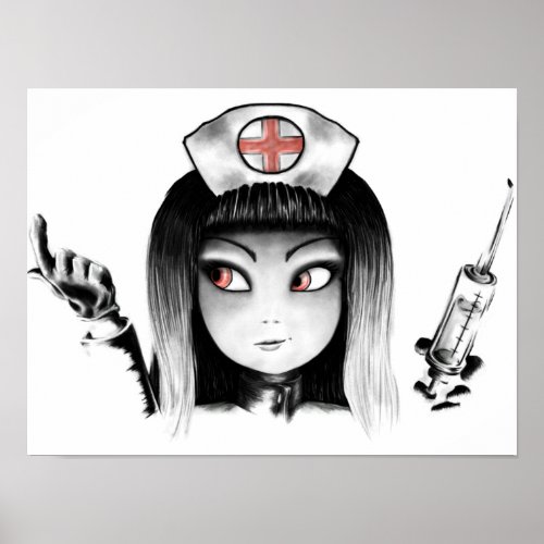 Little Brat Nurse black and white red eyes Poster
