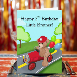 Little Brother 2nd Birthday Teddy Bear Firetruck Card