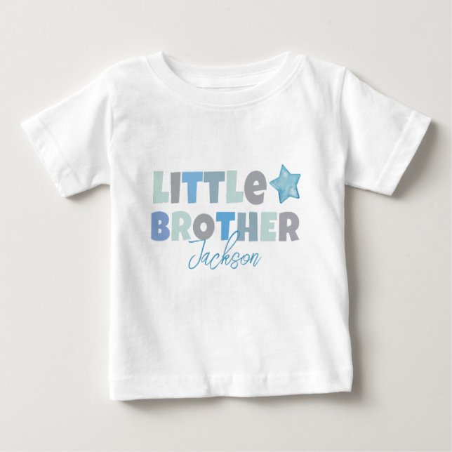Little Brother, Baby Boy Announcement, Blue Modern Baby T-Shirt (Front)