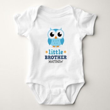 Little Brother One-piece With Blue Owl And Name Baby Bodysuit by BrightAndBreezy at Zazzle