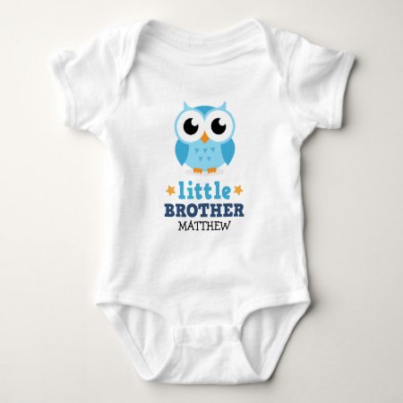Little Brother One-piece With Blue Owl And Name Baby Bodysuit