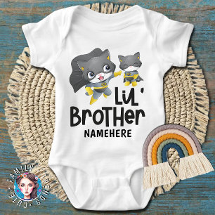 Little Brother Superhero Cat Custom Name Baby Bodysuit