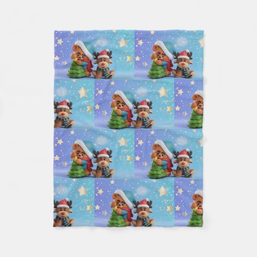 Little brown bear and his buddy reindeer fleece blanket