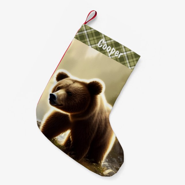 Little Brown Bear Wildlife Portrait Personalized  Small Christmas Stocking (Front (Hanging))