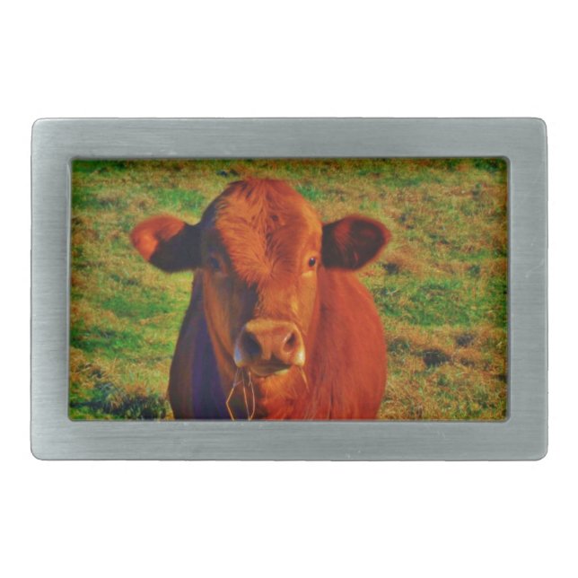 Little Brown Cow Bright Green Grass Belt Buckle (Front)