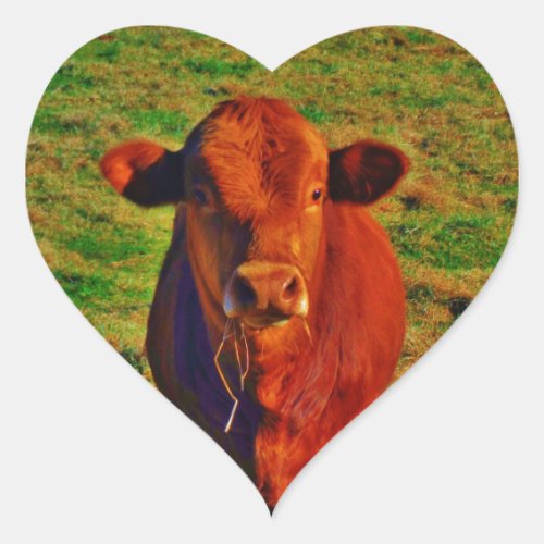 Little Brown Cow Bright Green Grass Heart Sticker