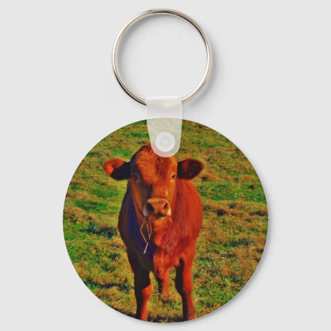 Little Brown Cow Bright Green Grass Keychain (Front)