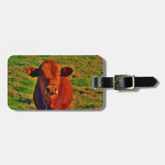 Little Brown Cow Bright Green Grass Luggage Tag (Front Horizontal)