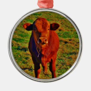 Little Brown Cow Bright Green Grass Metal Ornament