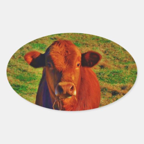 Little Brown Cow Bright Green Grass Oval Sticker