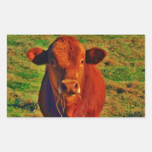 Little Brown Cow Bright Green Grass Rectangular Sticker