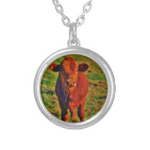 Little Brown Cow Bright Green Grass Silver Plated Necklace