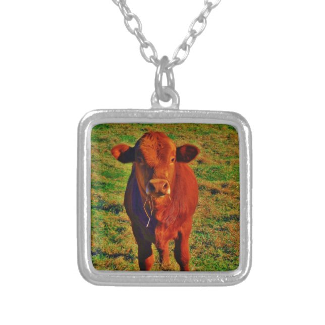 Little Brown Cow Bright Green Grass Silver Plated Necklace (Front)