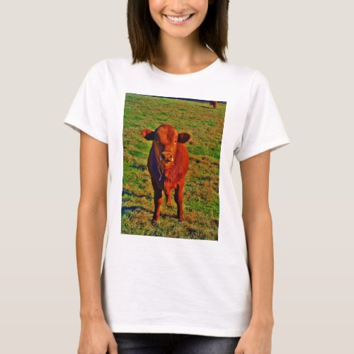 Little Brown Cow Bright Green Grass T_Shirt