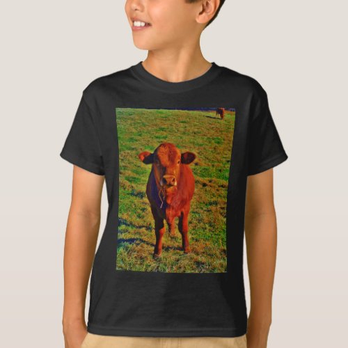 Little Brown Cow Bright Green Grass T_Shirt