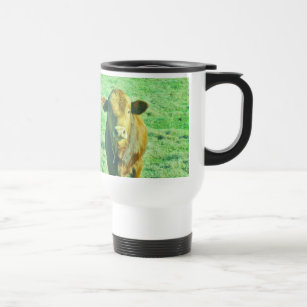 Little Brown Cow in Pastel Green Grass Travel Mug