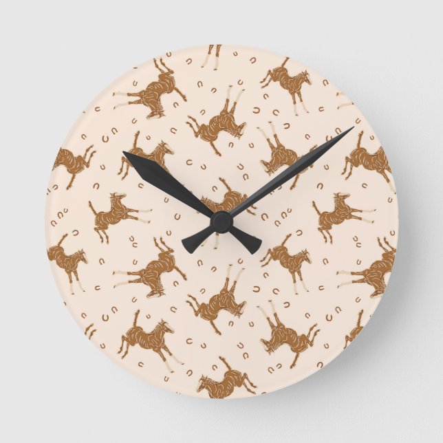 Little Brown Horses - on salmon pink.   Round Clock (Front)