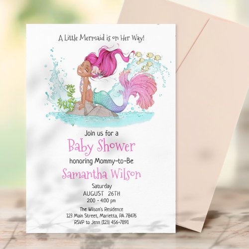 Little Brown Mermaid Watercolor Baby Shower Invitation