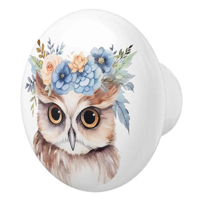 Little Brown Owl With Floral Headpiece Ceramic Knob (Right)
