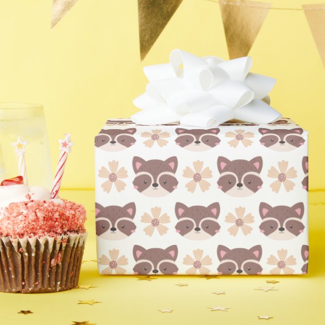 Little Brown Raccoon Face On White Wrapping Paper (Birthday Party)