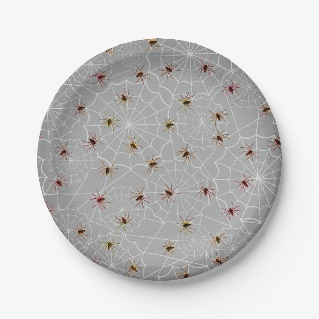 Little Brown Spiders on Gray and White Webs Paper Plates (Front)