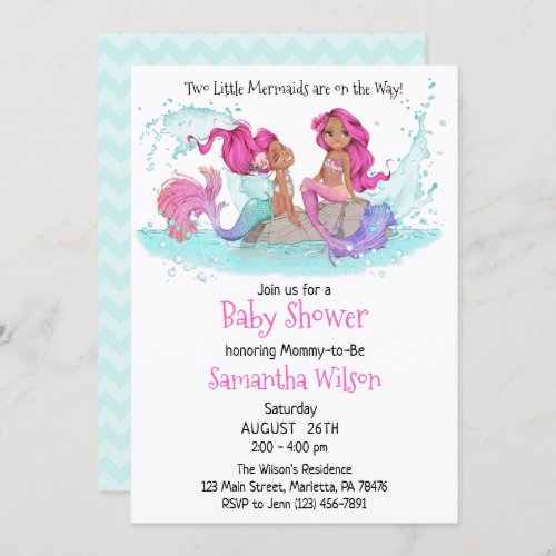 Little Brown Twin Mermaids Watercolor Baby Shower  Invitation
