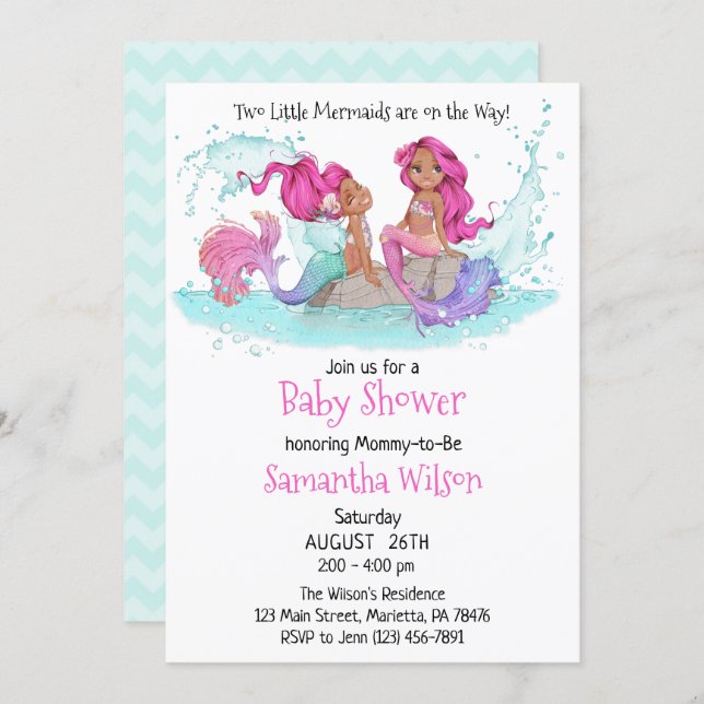 Little Brown Twin Mermaids Watercolor Baby Shower  Invitation (Front/Back)