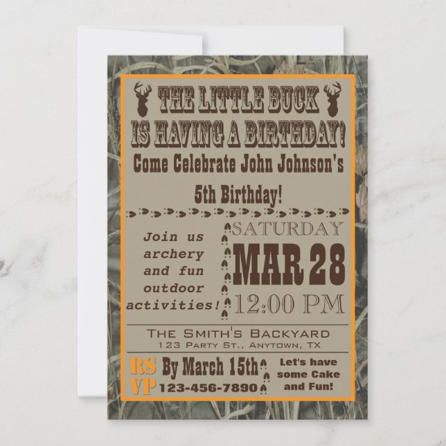 Little Buck Hunting Birthday Invitation with Camo (Front)