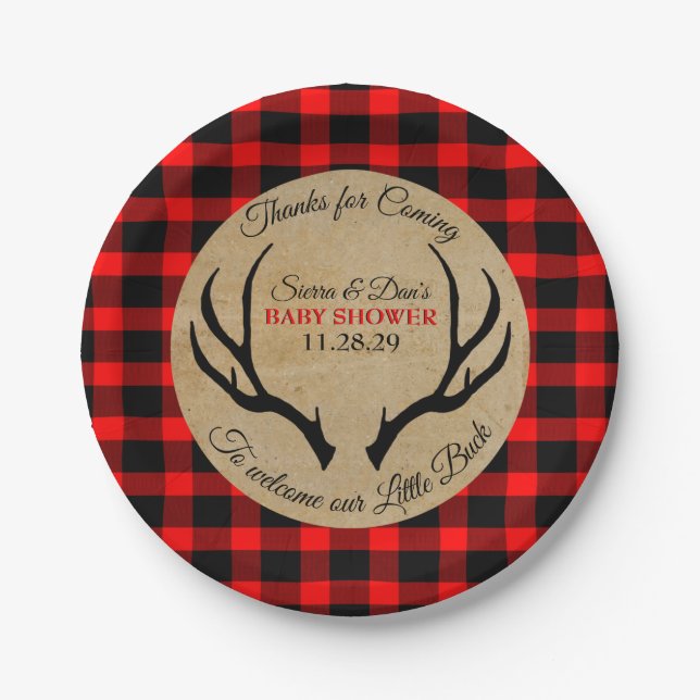 Little Buck Rustic Antlers Baby Shower Paper Plates (Front)