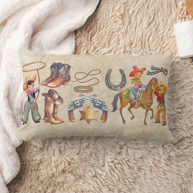  Little Buckaroo Cowboy Add Boy's Name 2 Sides Lumbar Pillow (Blanket)