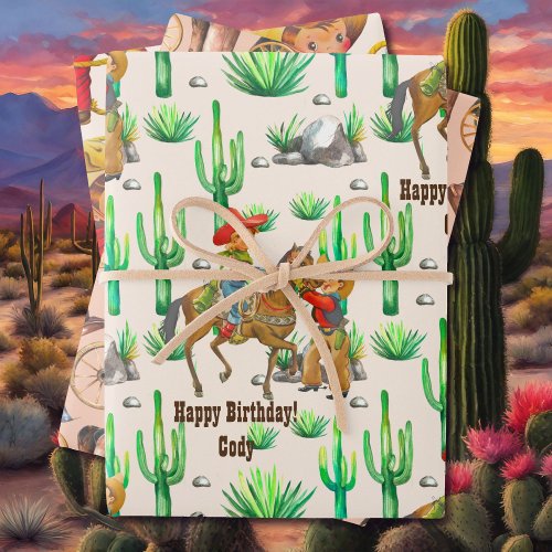 Little Buckaroo Cowboy Boys Name Birthday 3 Wrapping Paper Sheets