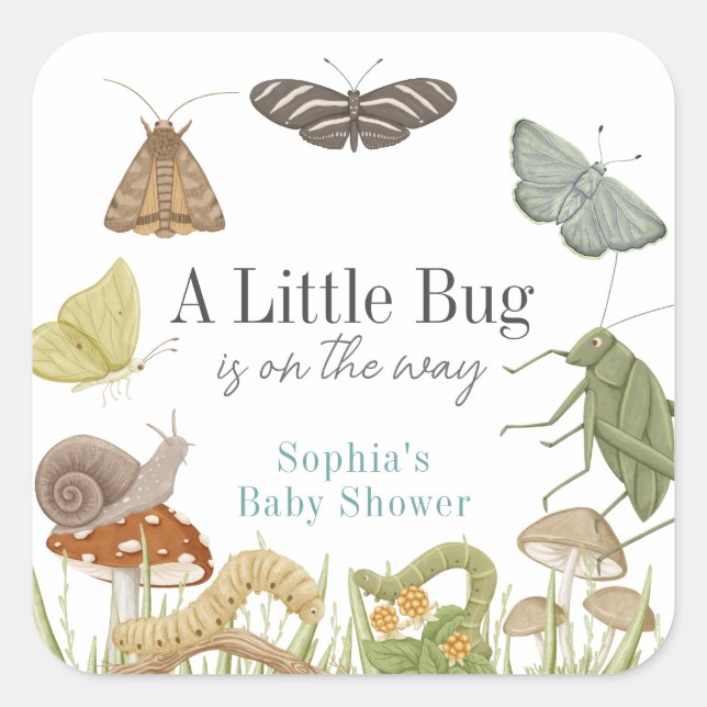 Little Bug Insects Mushroom Boy Baby Shower Square Sticker (Front)
