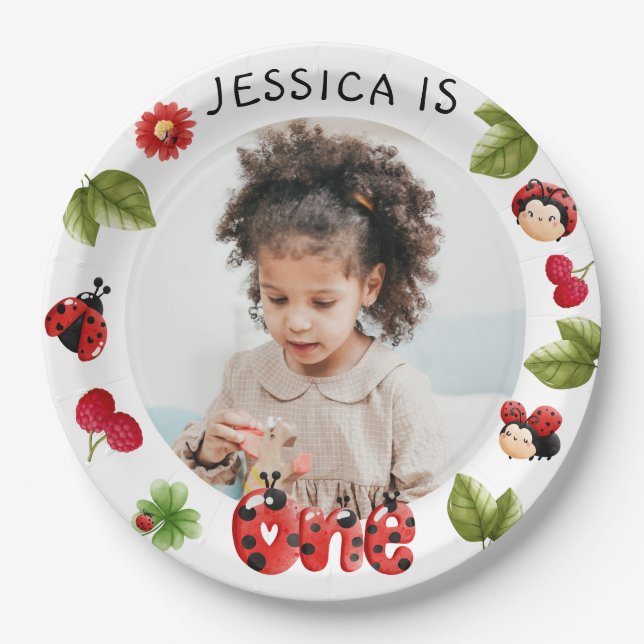 Little Bug Pink Ladybug 1st Birthday Photo Paper Plates (Front)