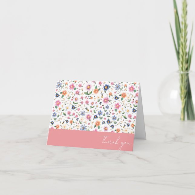 Little bugs and Floral Pattern Letterpress Thank You Card (Front)