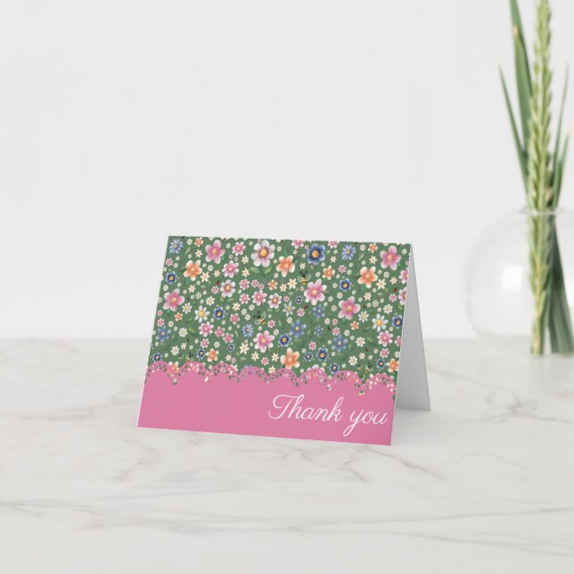 Little bugs and Floral Pattern Letterpress Thank You Card (Front)