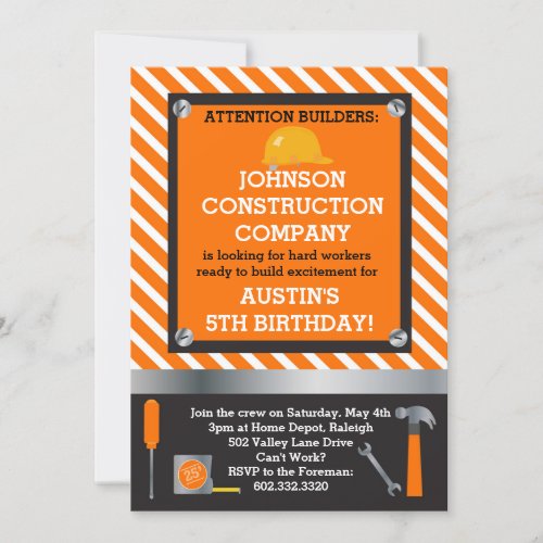 Little Builder Construction  Tools Birthday Party Invitation