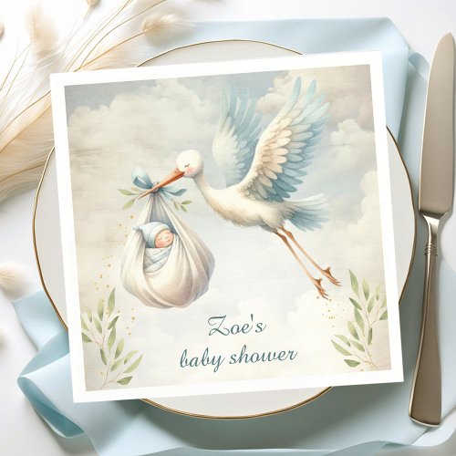 Little Bundle Blue Vintage Stork Baby Shower Napkins