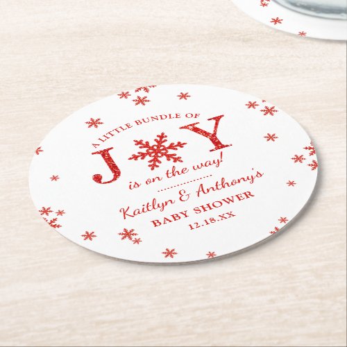 Little Bundle Of Joy Christmas Baby Shower Round Paper Coaster